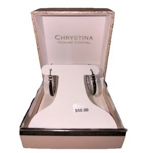 Chrystina Black & Clear Crystal Inside Out 1" Hoop Earrings Pierced Silver Plate